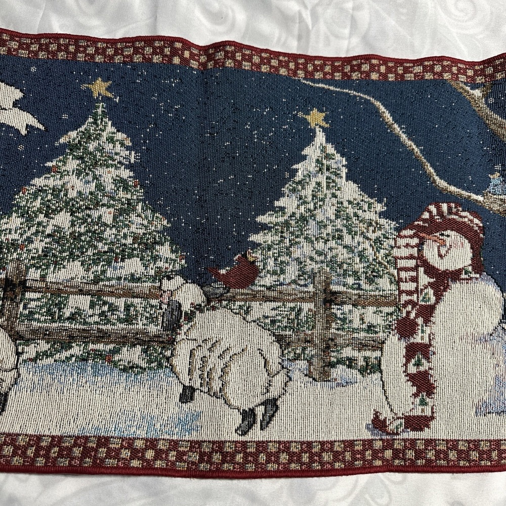Tapestry 13" x 72" Snowman Cat Sheep Cardinal Tasseled Table Runner Made USA - Picture 7 of 9